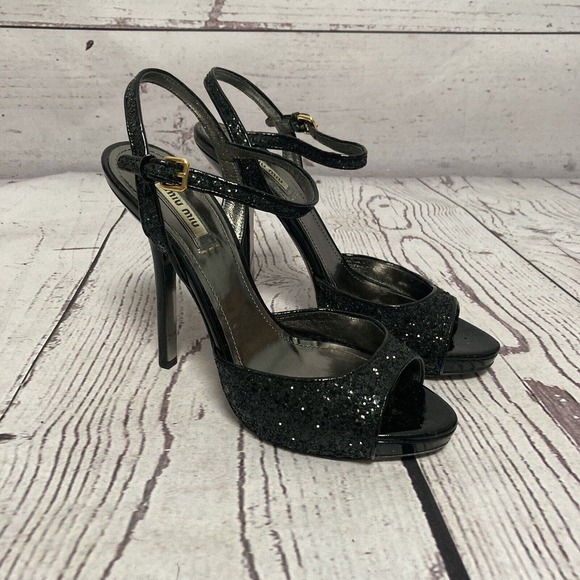 MIU MIU Heel Womens 9.5 Black Glitter Formal Ankle Platform Stiletto Night out - Picture 1 of 9